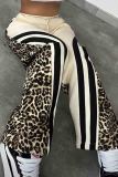 Grey Casual Leopard Print Draw String Pocket Patchwork Contrast Loose Mid Waist Wide Leg Patchwork Bottoms