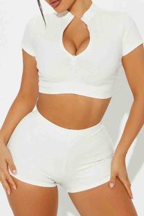 White Sexy Solid Color Patchwork Zipper Zipper Collar Short Sleeve Two Pieces