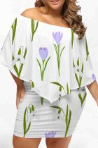 White Purple Sexy Print Patchwork Backless Off Shoulder Wrapped Skirt Plus Size Dresses