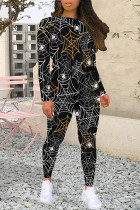 Black Casual Daily Graffiti Print Contrast O Neck Long Sleeve Two Pieces