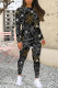 Black Casual Daily Graffiti Print Contrast O Neck Long Sleeve Two Pieces