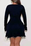 Black Sexy Solid Color Patchwork Contrast O Neck Wrapped Skirt Dresses