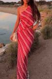 Red Sexy Print Patchwork Backless Oblique Collar Sleeveless Two Pieces