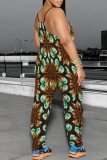Blue Casual Print Backless Spaghetti Strap Fitted Jumpsuits