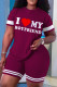 Burgundy Casual Letter Print Basic O Neck Short Sleeve Two Pieces