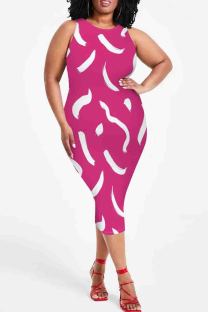 Rose Red Casual Print Patchwork O Neck Wrapped Skirt Plus Size Dresses