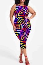 Multicolor Casual Print Patchwork O Neck Wrapped Skirt Plus Size Dresses