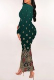 Multicolor Casual Print Basic U Neck Long Dresses