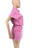 Pink Casual Solid Color Draw String Pocket Buckle Patchwork Turndown Collar Short Sleeve Two Pieces