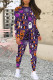 Purple Casual Daily Graffiti Print Contrast O Neck Long Sleeve Two Pieces
