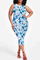 Blue White Casual Print Patchwork O Neck Wrapped Skirt Plus Size Dresses