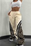 Grey Casual Leopard Print Draw String Pocket Patchwork Contrast Loose Mid Waist Wide Leg Patchwork Bottoms
