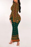 Multicolor Casual Print Basic U Neck Long Dresses