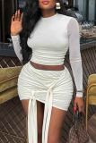 White Sexy Solid Color Patchwork Ruched Strap Design O Neck Long Sleeve Two Pieces