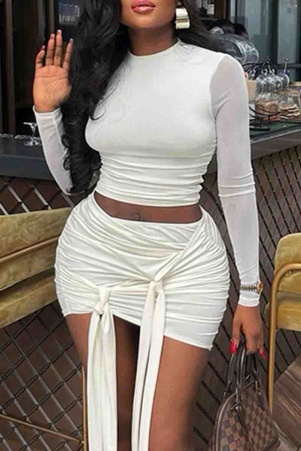 White Sexy Solid Color Patchwork Ruched Strap Design O Neck Long Sleeve Two Pieces