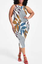 White Casual Geometric Print Floral Print Contrast O Neck Printed Plus Size Dresses