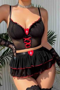Black Sexy Heart Shaped Patchwork Contrast Lingerie(Three Pieces)