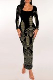 Multicolor Casual Print Basic U Neck Long Dresses