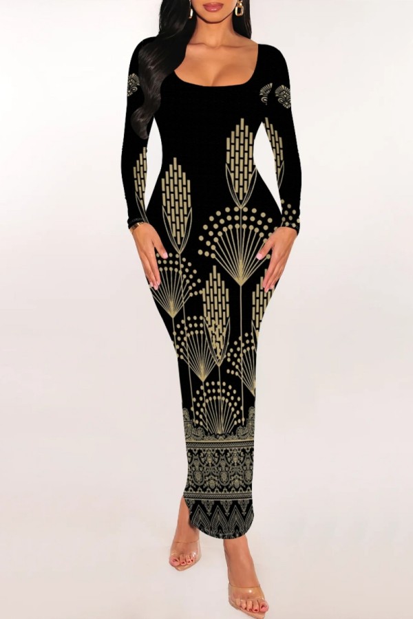 Black Casual Print Basic U Neck Long Dresses