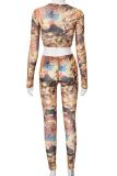 Colour Casual Print Patchwork O Neck Long Sleeve Two Pieces