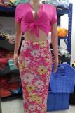 Pink Sexy Print Patchwork Strap Design V Neck Short Sleeve Two Pieces