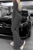 Grey Casual Solid Color Patchwork O Neck Long Sleeve Two Pieces