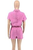 Pink Casual Solid Color Draw String Pocket Buckle Patchwork Turndown Collar Short Sleeve Two Pieces