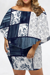 Blue Sexy Geometric Print Irregular Contrast Off Shoulder Printed Plus Size Dresses