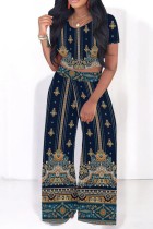 Tibetan Blue Casual Print Basic O Neck Short Sleeve Two Pieces