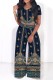 Tibetan Blue Casual Print Basic O Neck Short Sleeve Two Pieces