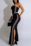 Red Casual Stripe Patchwork Backless Strapless Sleeveless Two Pieces