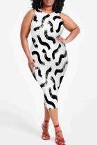 Black And White Casual Print Patchwork O Neck Wrapped Skirt Plus Size Dresses