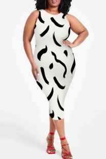 White Sexy Print Patchwork O Neck Wrapped Skirt Plus Size Dresses