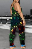 Blue Casual Print Backless Spaghetti Strap Fitted Jumpsuits