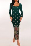 Multicolor Casual Print Basic U Neck Long Dresses