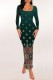 Ink Green Casual Print Basic U Neck Long Dresses