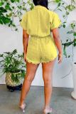 Pink Casual Solid Color Draw String Pocket Buckle Patchwork Turndown Collar Short Sleeve Two Pieces