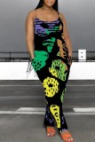 Blue Casual Print Backless Spaghetti Strap Fitted Jumpsuits