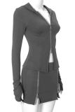 Apricot Sexy Solid Color Patchwork Zipper Zipper Collar Long Sleeve Two Pieces