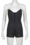 Dark Gray Sexy Solid Color Patchwork Backless Zipper Spaghetti Strap Skinny Rompers