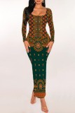 Multicolor Casual Print Basic U Neck Long Dresses