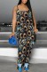 Blue Casual Print Backless Spaghetti Strap Fitted Jumpsuits