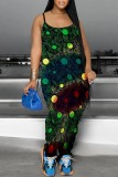 Blue Casual Print Backless Spaghetti Strap Fitted Jumpsuits