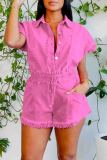 Pink Casual Solid Color Draw String Pocket Buckle Patchwork Turndown Collar Short Sleeve Two Pieces