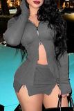 Apricot Sexy Solid Color Patchwork Zipper Zipper Collar Long Sleeve Two Pieces