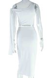 White Elegant Solid Color Hollow Out Patchwork Strap Design Oblique Collar Sleeveless Two Pieces