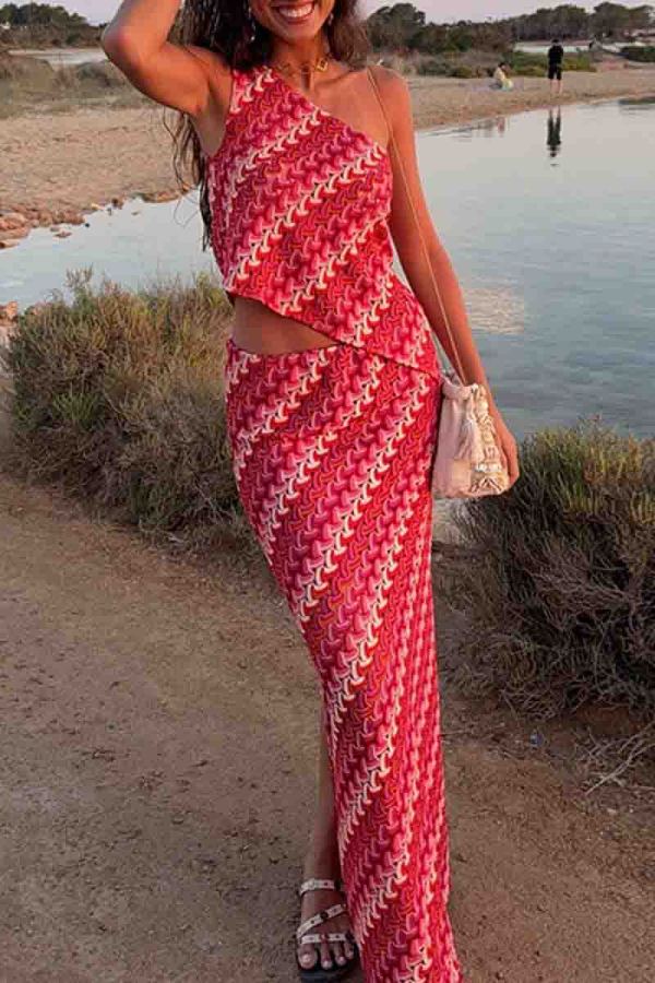 Red Sexy Print Patchwork Backless Oblique Collar Sleeveless Two Pieces