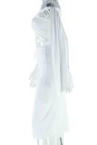 White Elegant Solid Color Hollow Out Patchwork Strap Design Oblique Collar Sleeveless Two Pieces