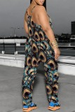 Blue Casual Print Backless Spaghetti Strap Fitted Jumpsuits