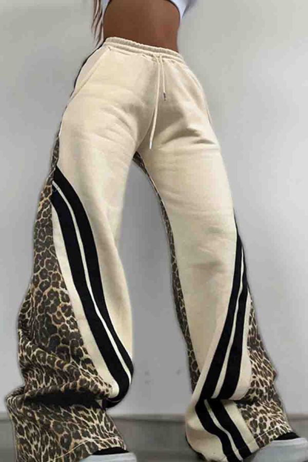 Apricot Casual Leopard Print Draw String Pocket Patchwork Contrast Loose Mid Waist Wide Leg Patchwork Bottoms